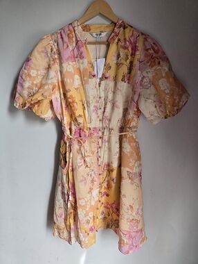 New EVER NEW CURVE  Floral Ramie And Cotton Dress in Yellow & Pink